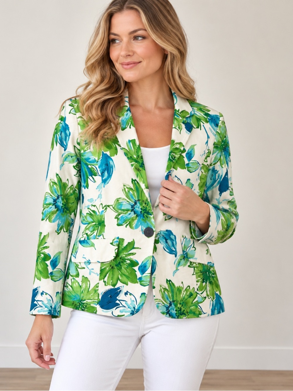 Notations Women’s Size 6 Floral Blazer Green Blue Cotton Stretch One Button Jack